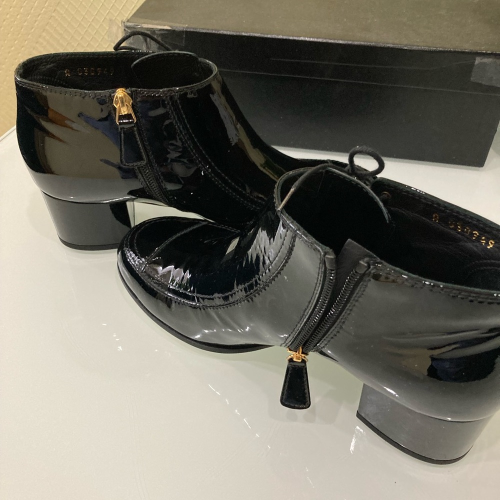Chanel black patent leather booties